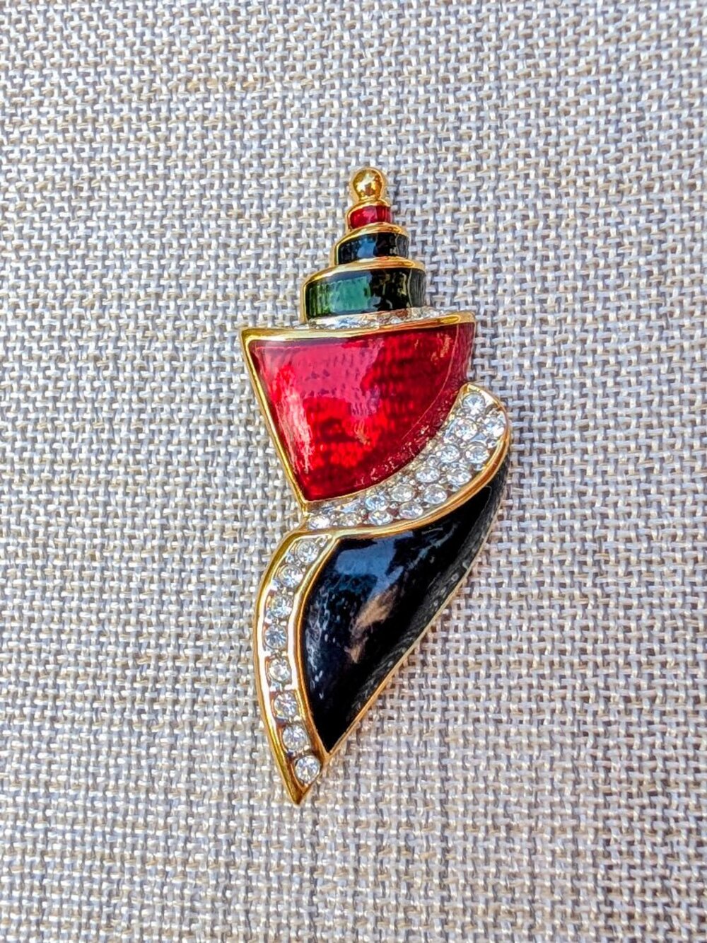 Vintage Red, Blue & Green Enamel Seashell Brooch Rhinestone Accent